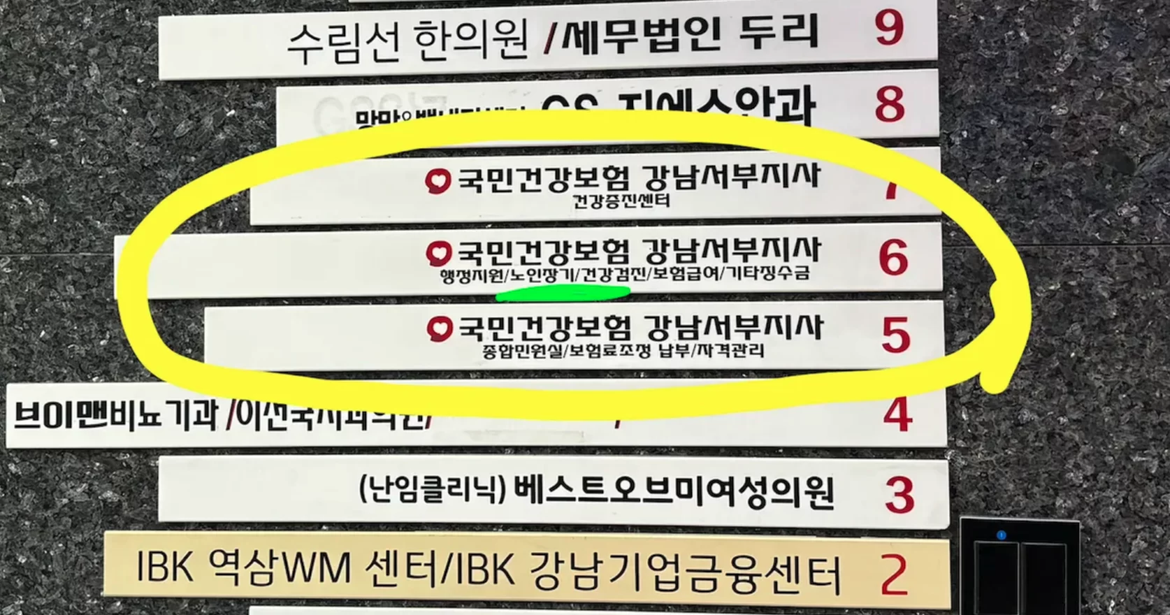 건물 층별 안내판에서 국민건강보험공단 위치 확인