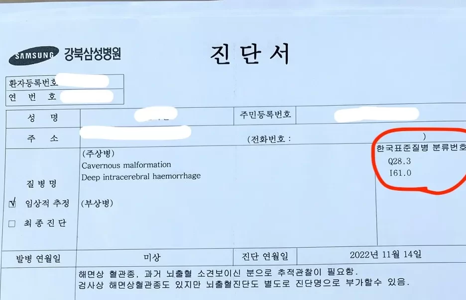 노인성 질병코드가 표기된 진단서 예시