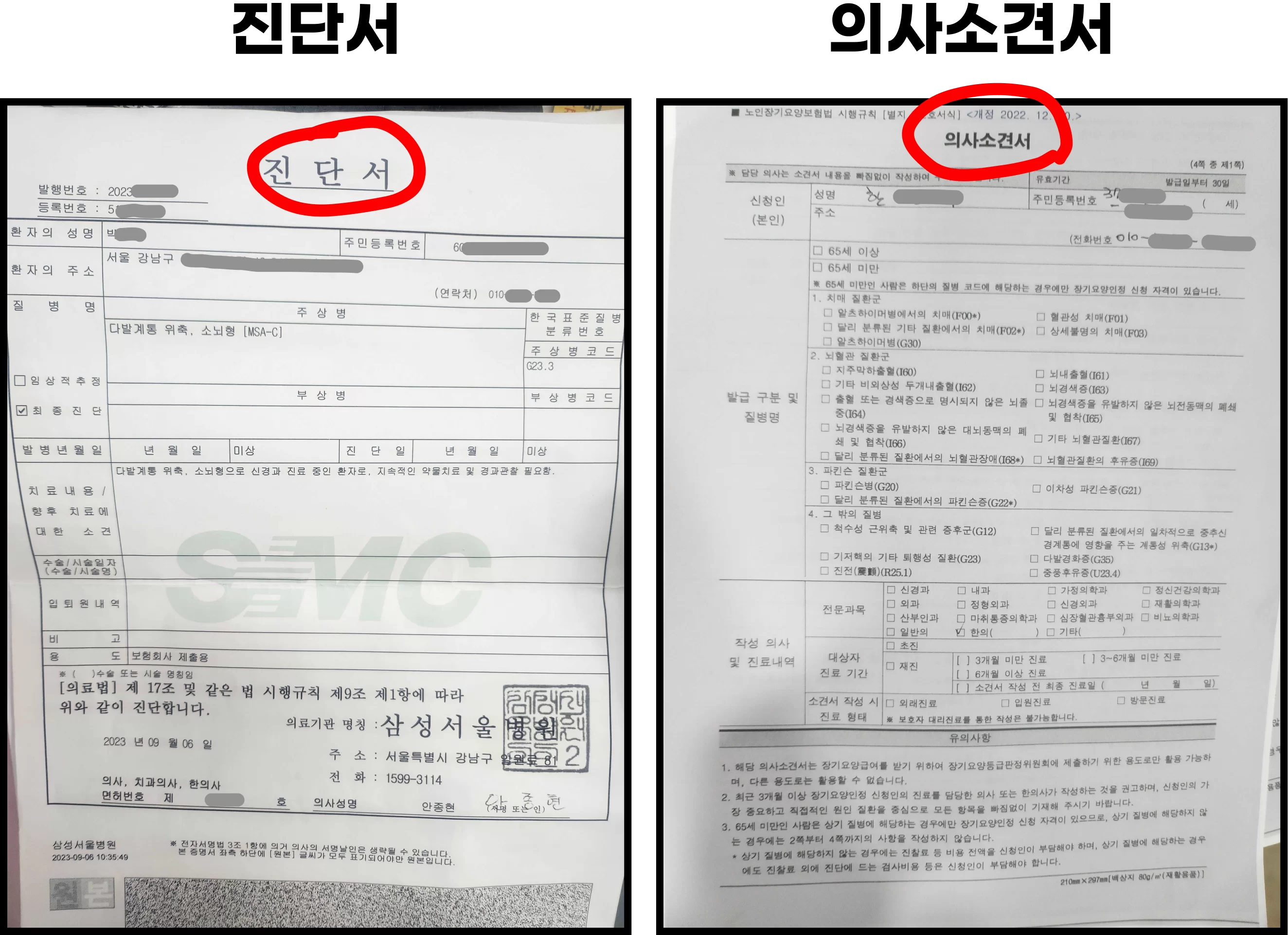 진단서와 의사소견서 두 문서의 양식 비교