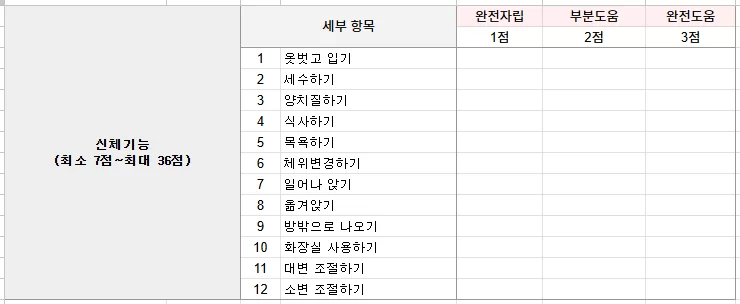 신체기능 12항목 완전자립~완전도움 1~3점 채점표