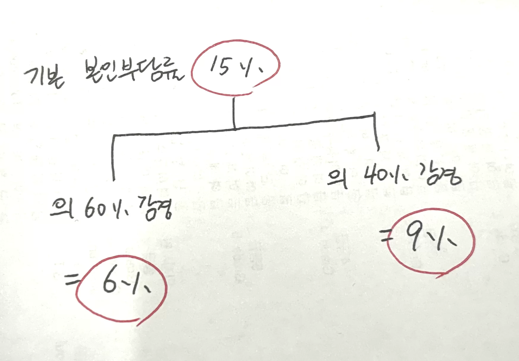 손글씨로 그린 본인부담률 15%·6%·9% 계산