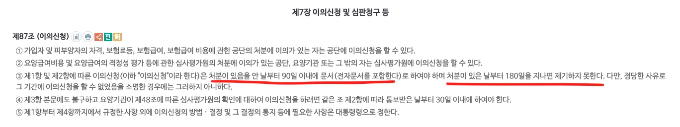 국민건강보험법 제87조 이의신청 조항 발췌
