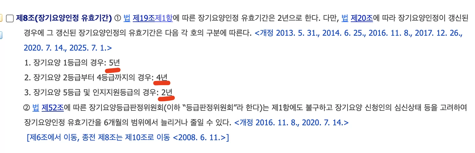 노인장기요양보험법 제8조 등급별 유효기간 조항