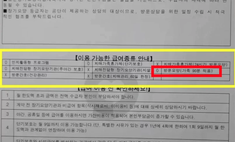 개인별장기요양이용계획서의 90분 적용 표기