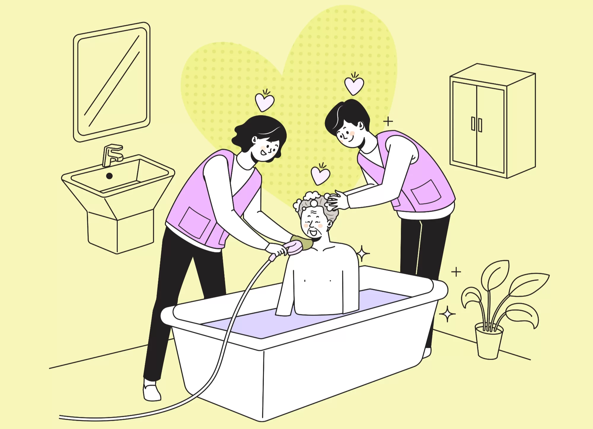 방문목욕 서비스로 어르신을 목욕시키는 일러스트