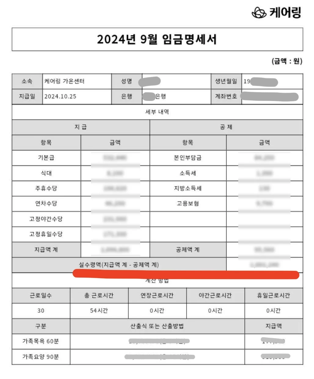 가족요양 9월 임금명세서 지급·공제 내역