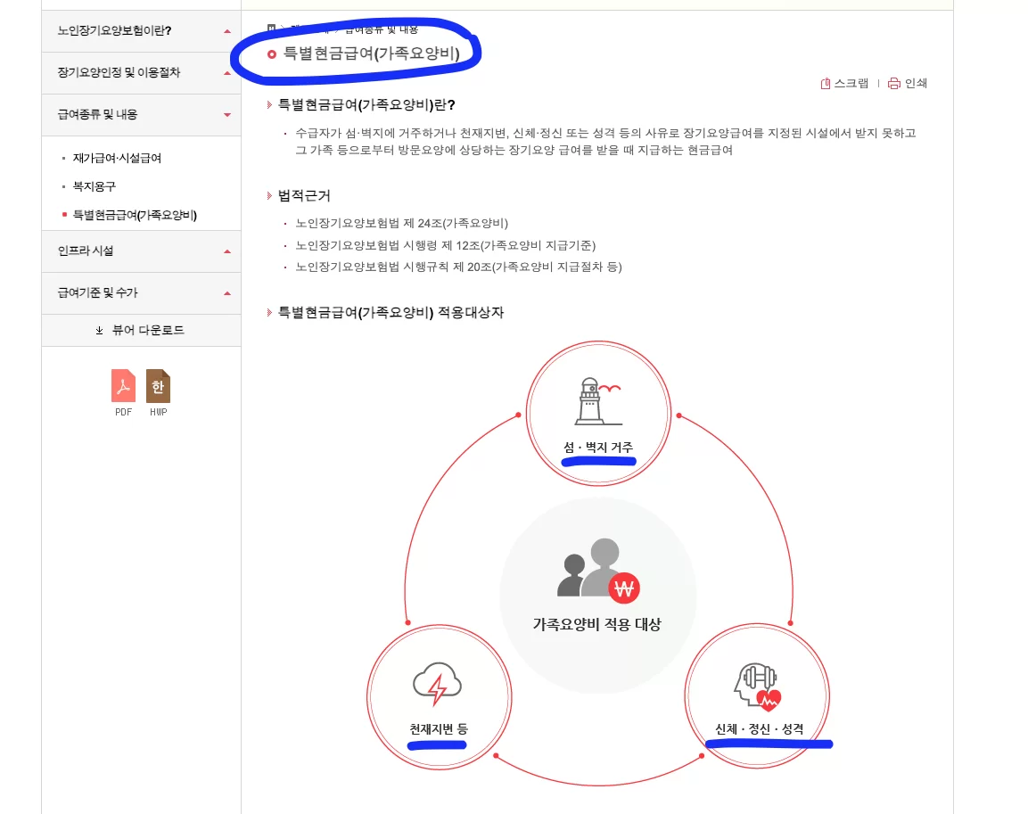 노인장기요양보험 특별현금급여 적용대상 도식