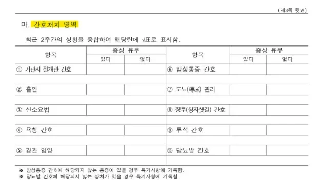 장기요양인정조사표 간호처치 영역 항목