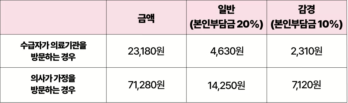 방문간호지시서 발급비용 본인부담금 표