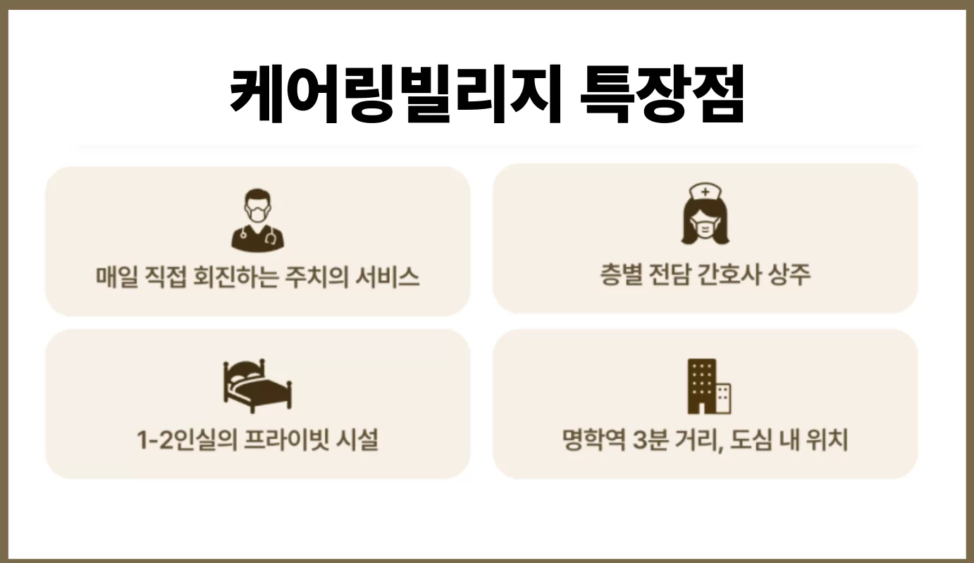 케어링 빌리지 특장점 4가지를 정리한 아이콘 그래픽