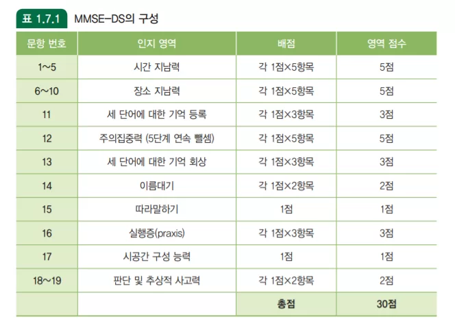 MMSE-DS 치매선별검사 문항 구성 표
