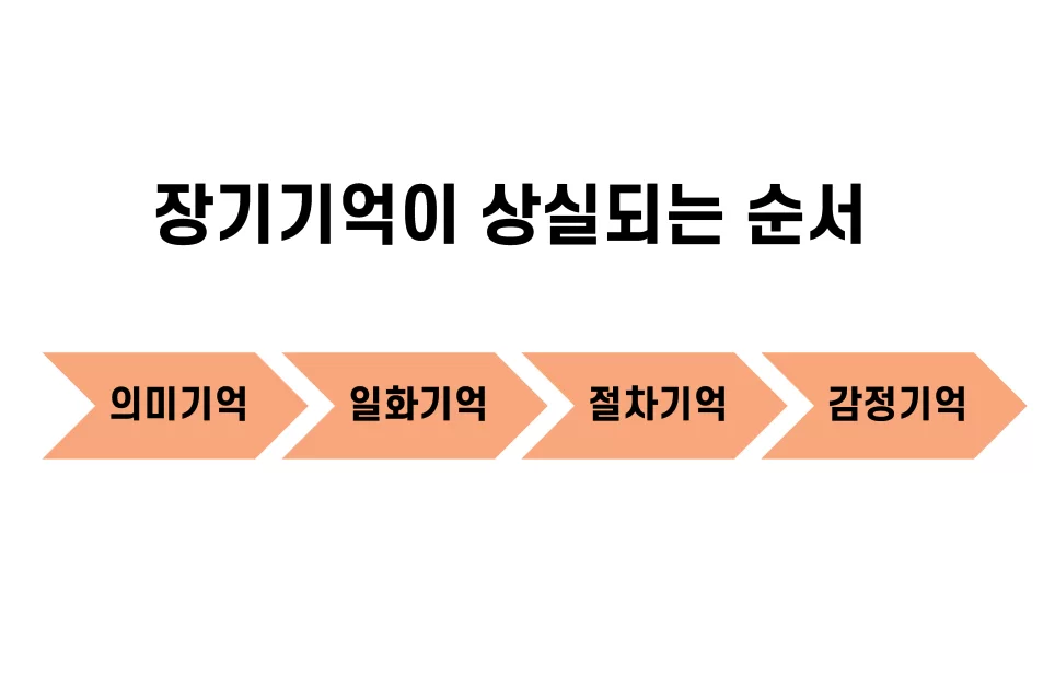 장기기억이 의미·일화·절차·감정 순으로 상실되는 도식