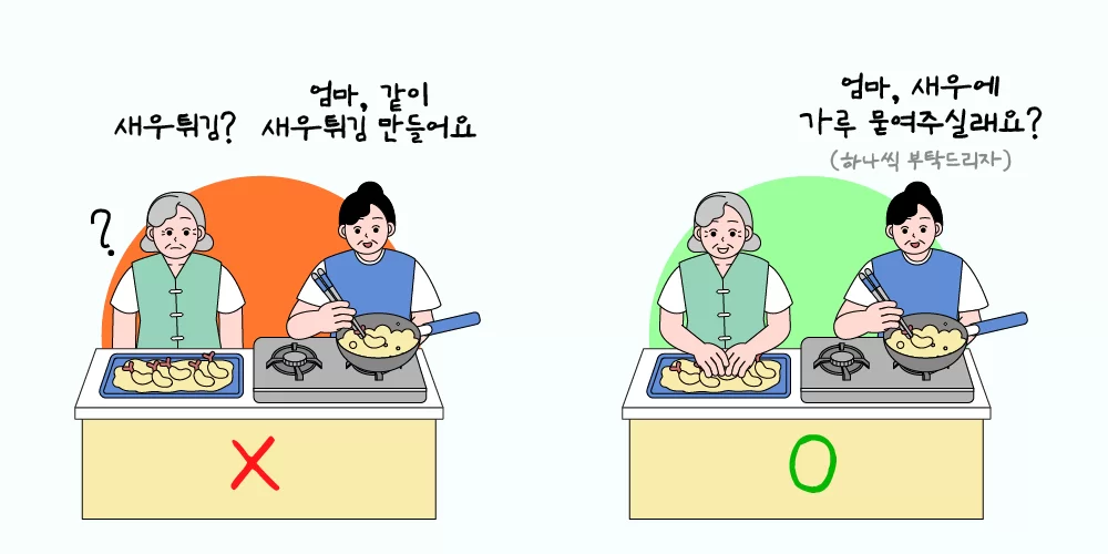 치매 어르신에게 한 가지씩 부탁하기 비교 일러스트