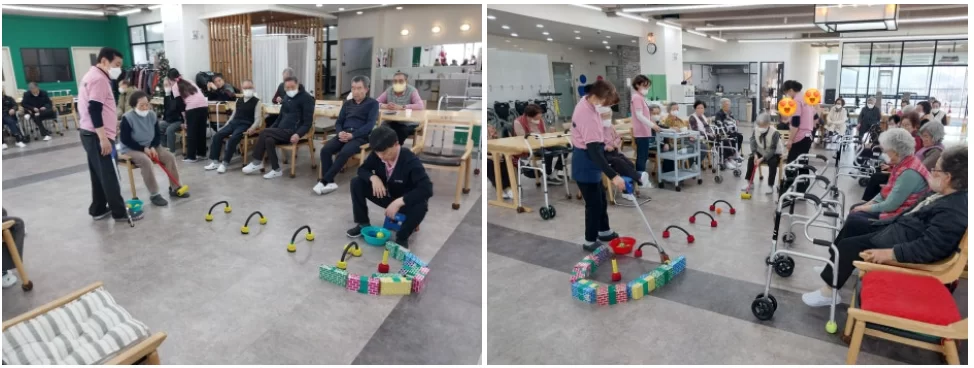 주간보호센터 신체 활동 프로그램에 참여하는 어르신들