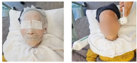 주간보호센터에서 어르신이 피부 마사지를 받는 모습