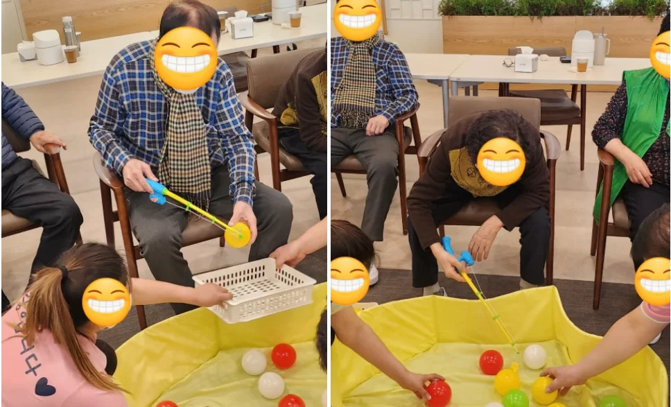 주간보호센터에서 어르신들이 인지 자극 놀이를 하는 모습