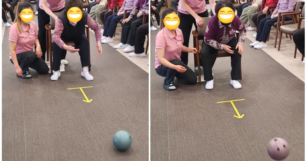 주간보호센터에서 어르신들이 볼링 활동을 하는 모습
