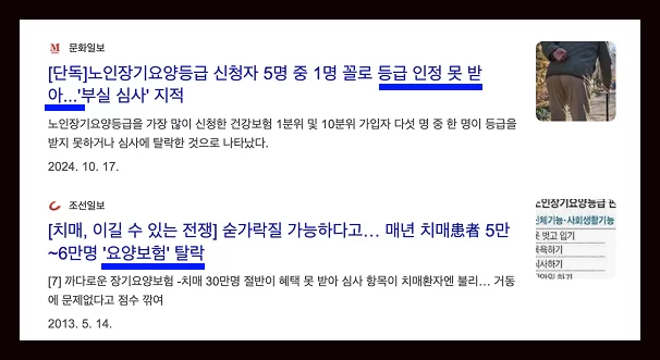 장기요양등급 심사 탈락 문제를 다룬 뉴스 기사 2건