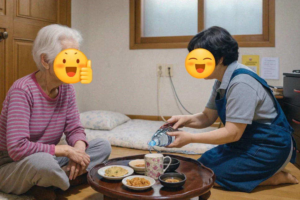 케어링 방문요양 요양보호사가 어르신 식사를 돕는 모습