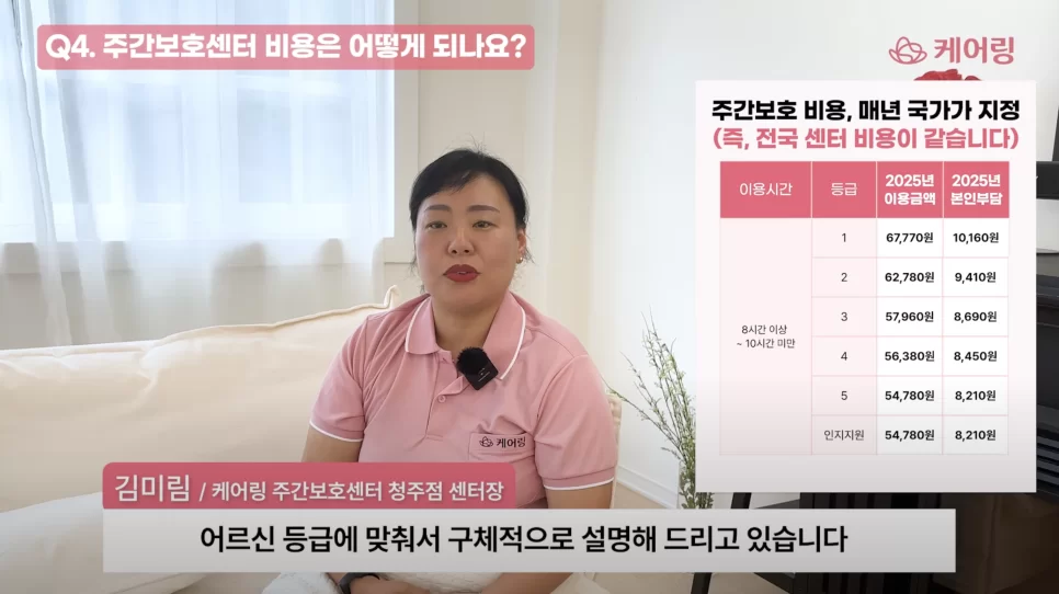 케어링 주간보호센터 청주점 센터장이 비용을 설명하는 모습