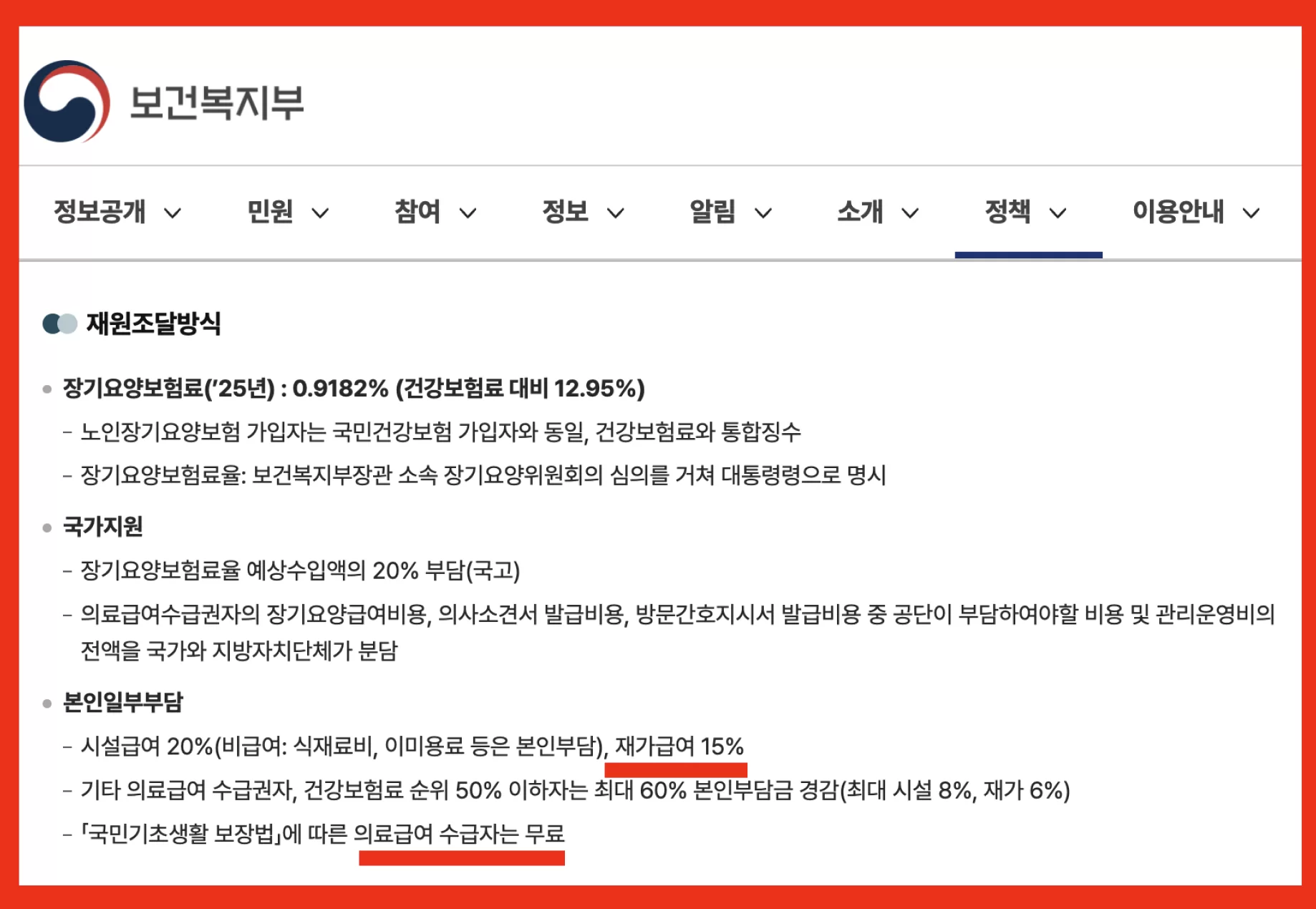 보건복지부 장기요양보험 재원조달방식 안내 화면