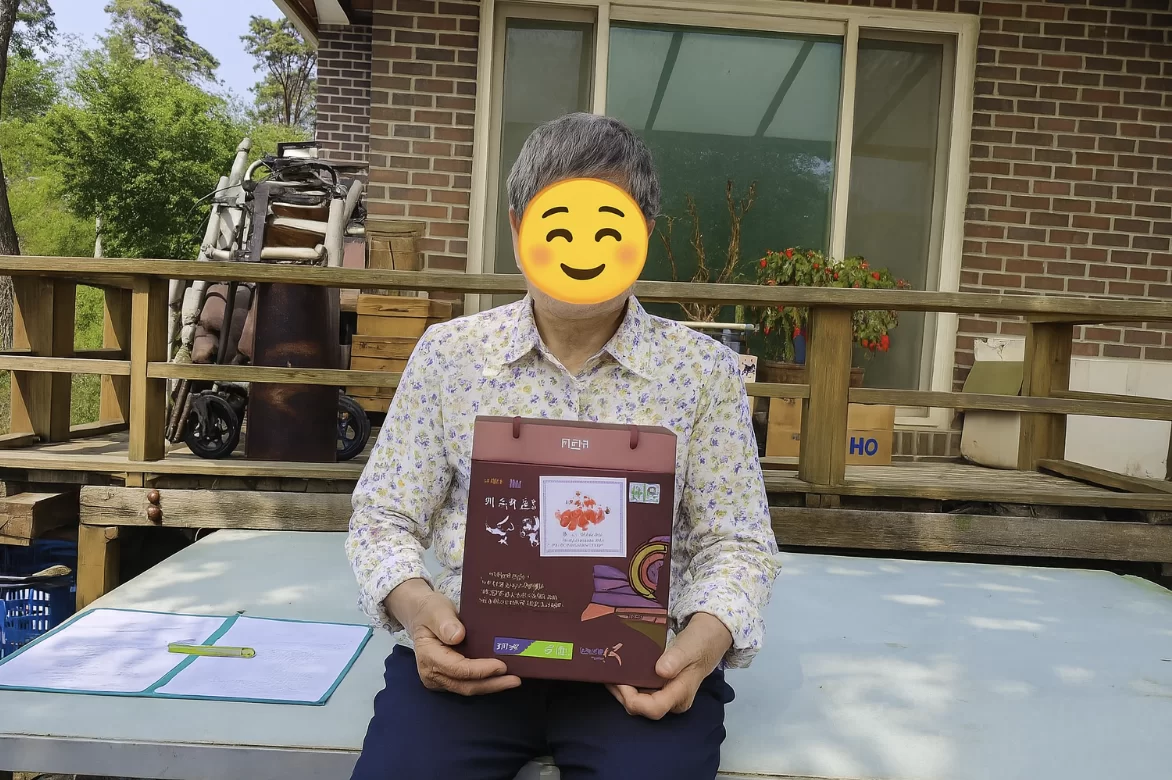 어르신이 야외에서 안내 책자를 들고 있는 모습