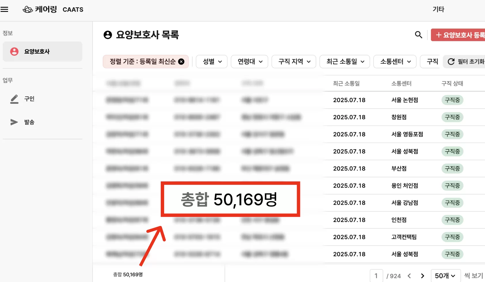 케어링 요양보호사 5만여 명 소속 목록 화면