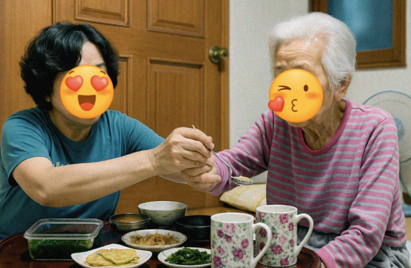 어르신과 자녀가 식탁에서 손을 맞잡은 모습