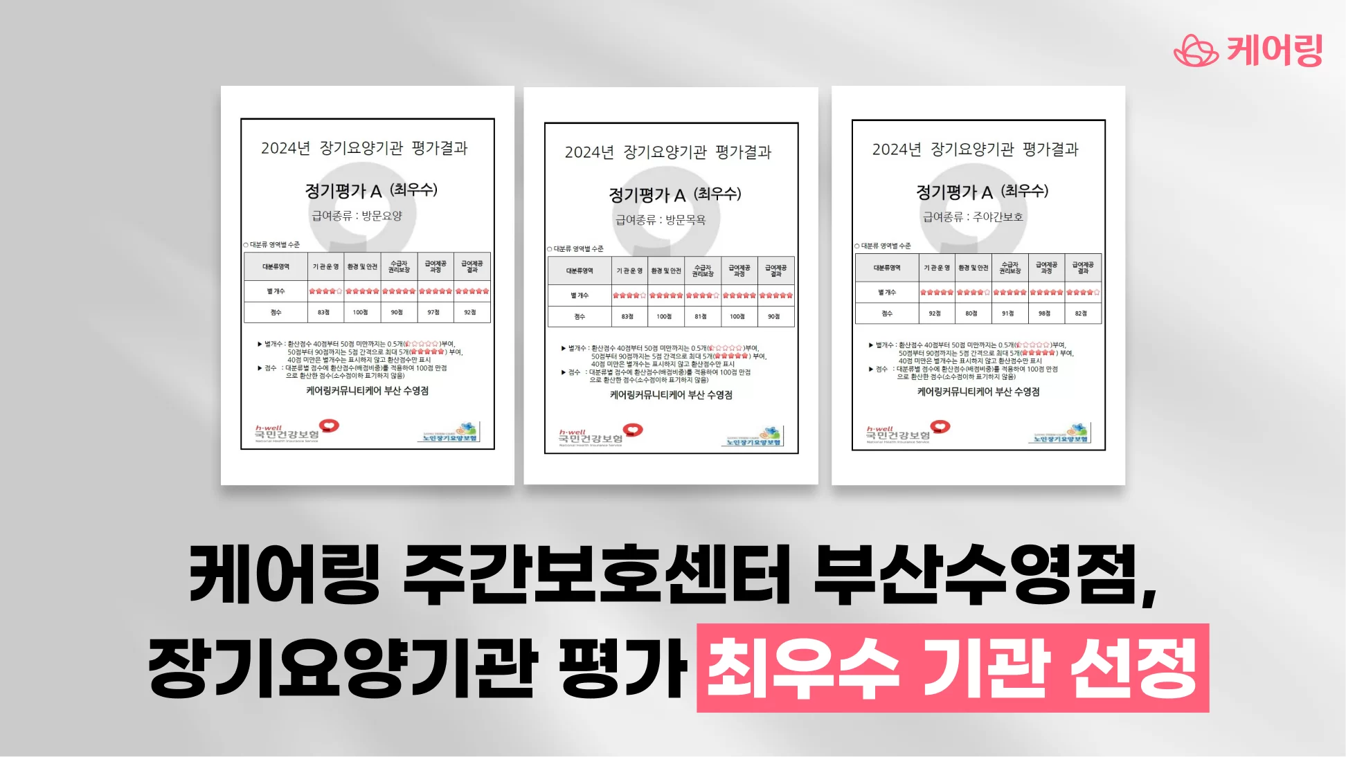 케어링 주간보호센터 부산수영점 최우수 기관 평가서
