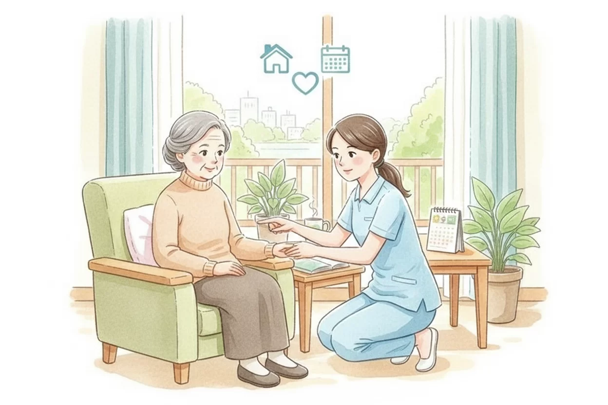 어르신 거실에서 요양보호사가 케어하는 일러스트