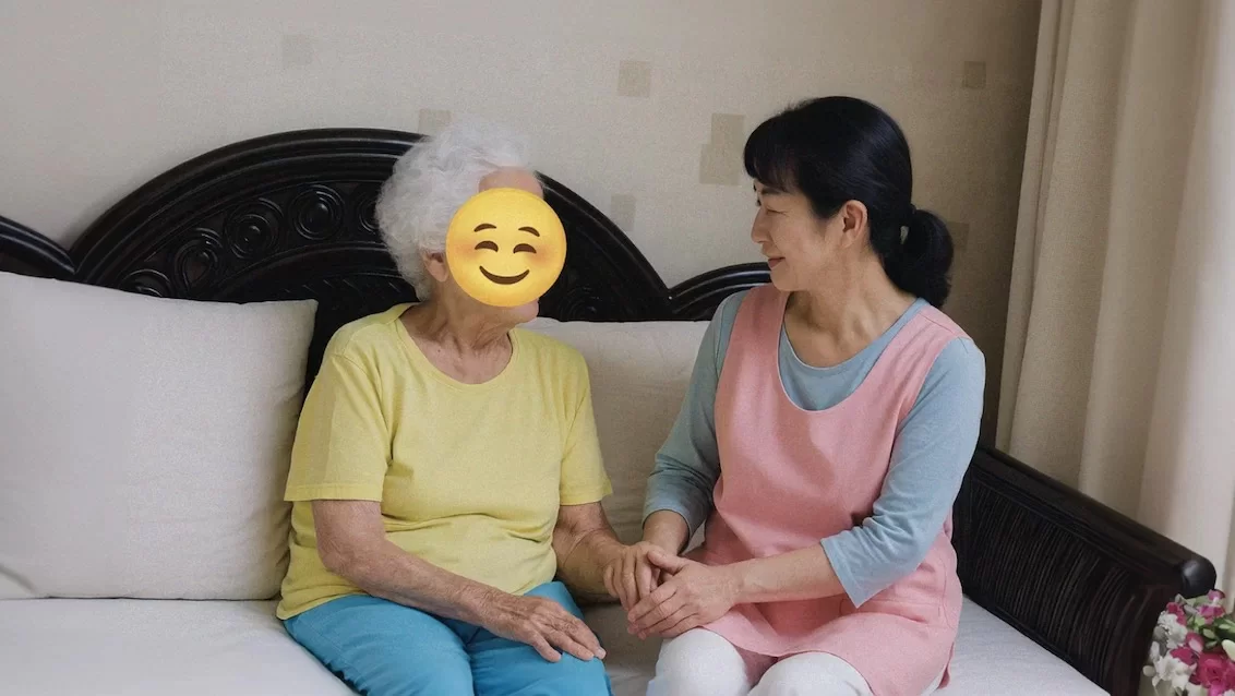 방문요양서비스 이용 모습, 요양보호사와 어르신이 마주보며 따뜻하게 대화를 나누는 모습