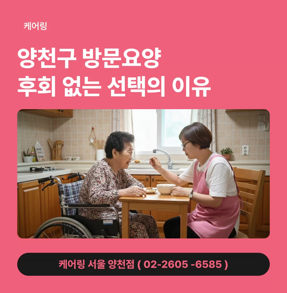 강서구 방문요양 케어링 소개 제목과 어르신을 모시고 있는 요양보호사의 돌봄 모습