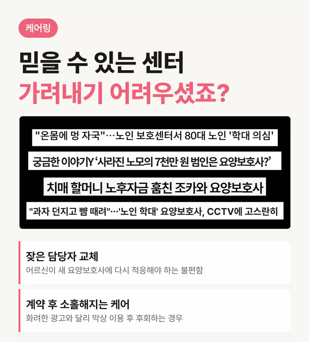 방문요양 이용으로 인해 일어나는 안타까운 사례의 기사 제목들 (어르신 몸에 멍자국, 치매 어르신 노후자금 훔친 조카와 요양보호사)