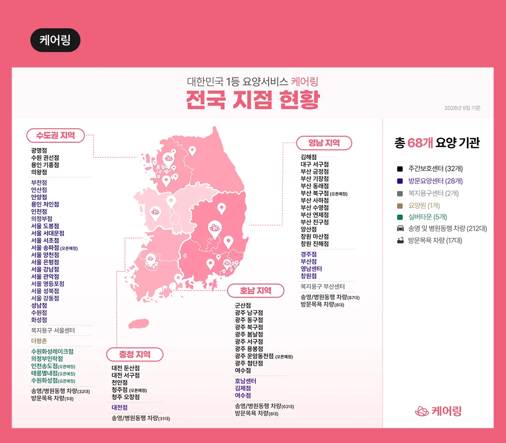 케어링 전국 68개 요양 센터 지점 현황 지도