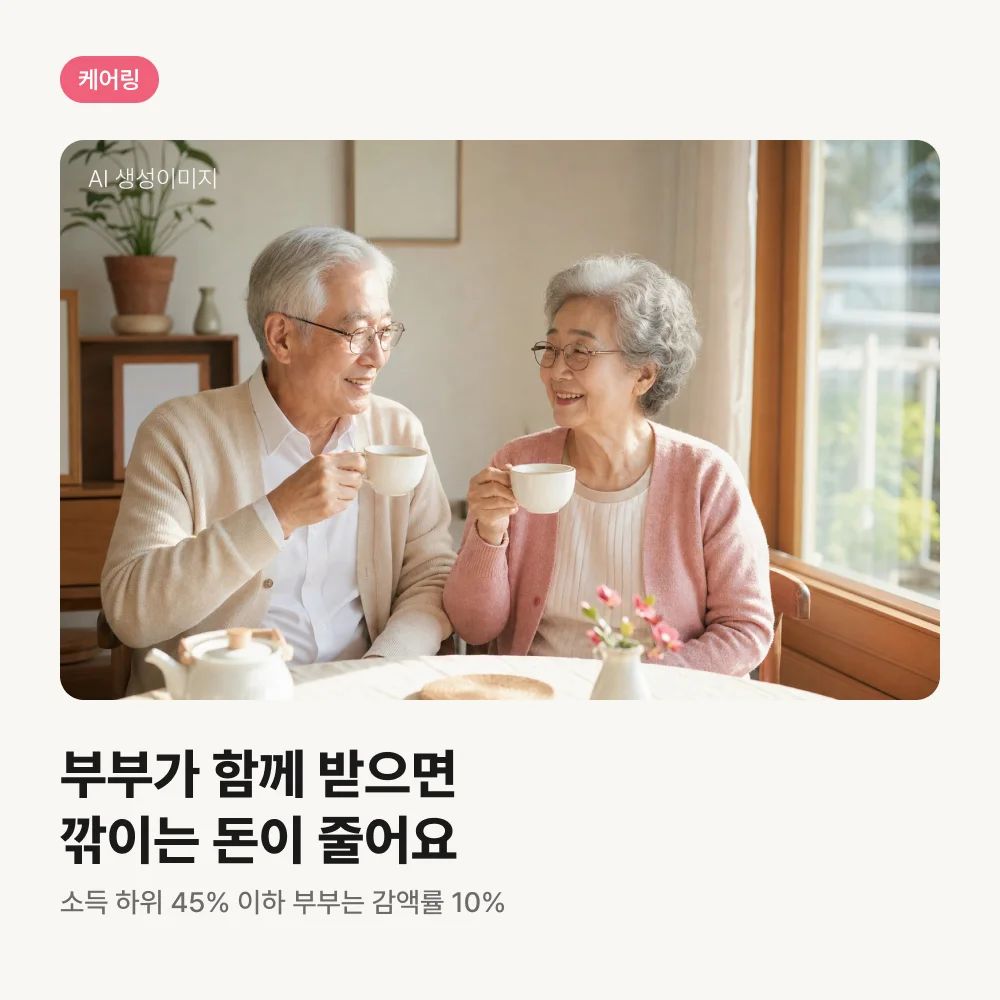 창가에서 차를 마시며 웃는 어르신 부부