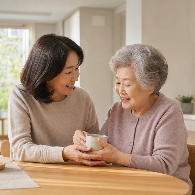 차를 마시며 손을 맞잡은 딸과 어머니