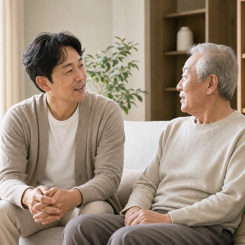 거실 소파에서 대화하는 아들과 아버지