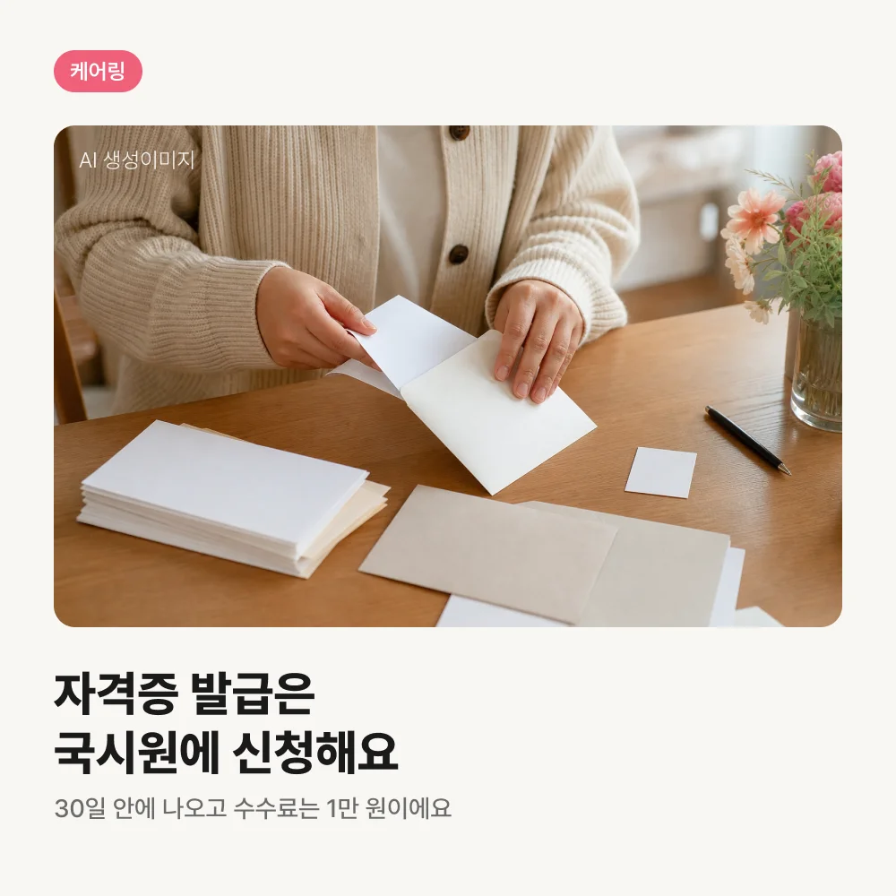 자격증 발급 서류를 챙기는 손