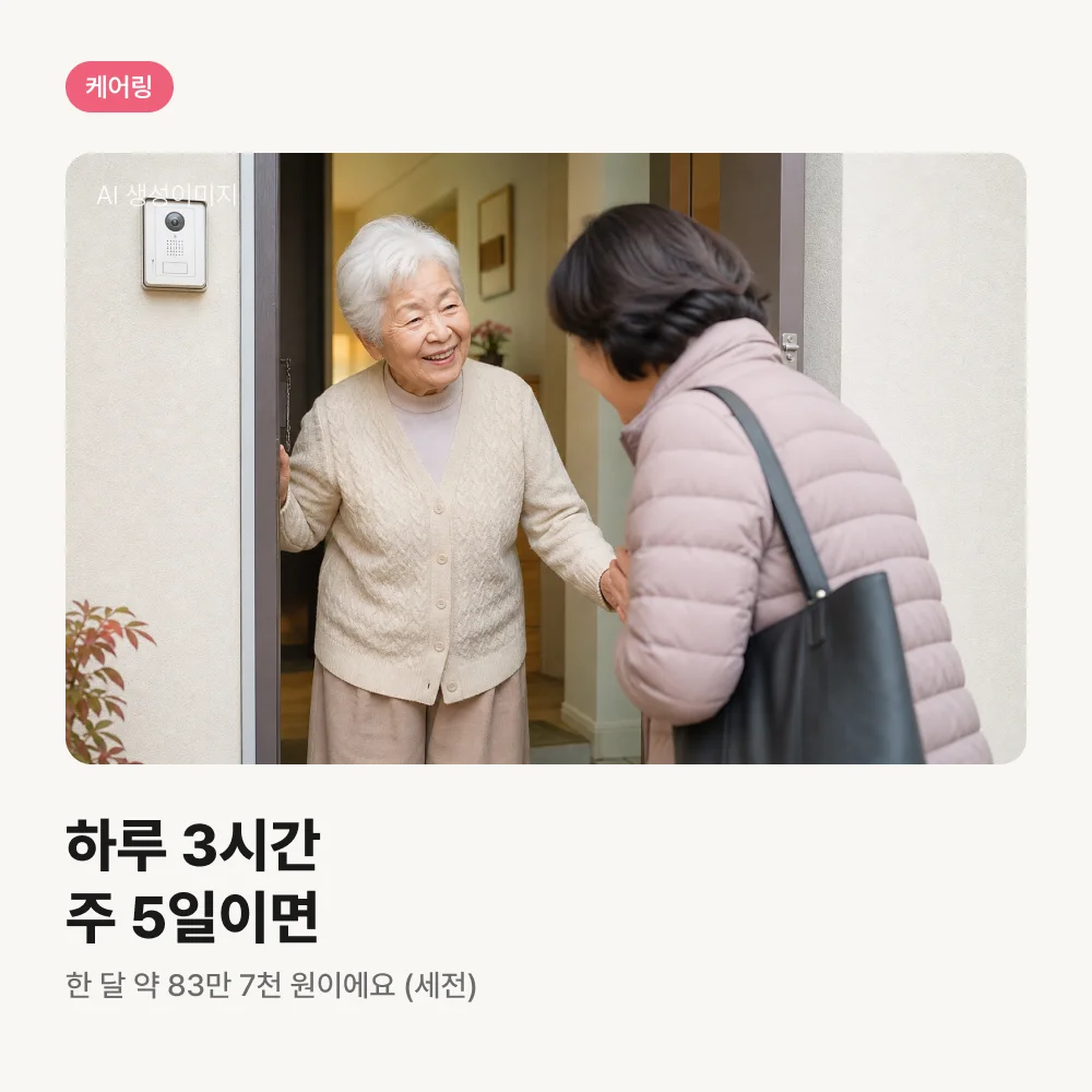 어르신 댁 현관에서 인사하는 요양보호사
