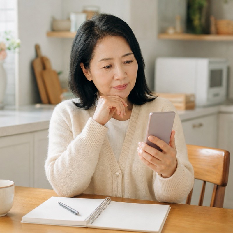 휴대폰으로 구인 공고를 보는 50대 여성